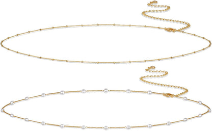 14K Gold/Sterling Silver Plated Waist Chain for Women Waterproof,Body Jewelry Chains Sexy Bikini 2PCS Belly Belt Beach Summer Gift Adjustable 26.5-33Inch