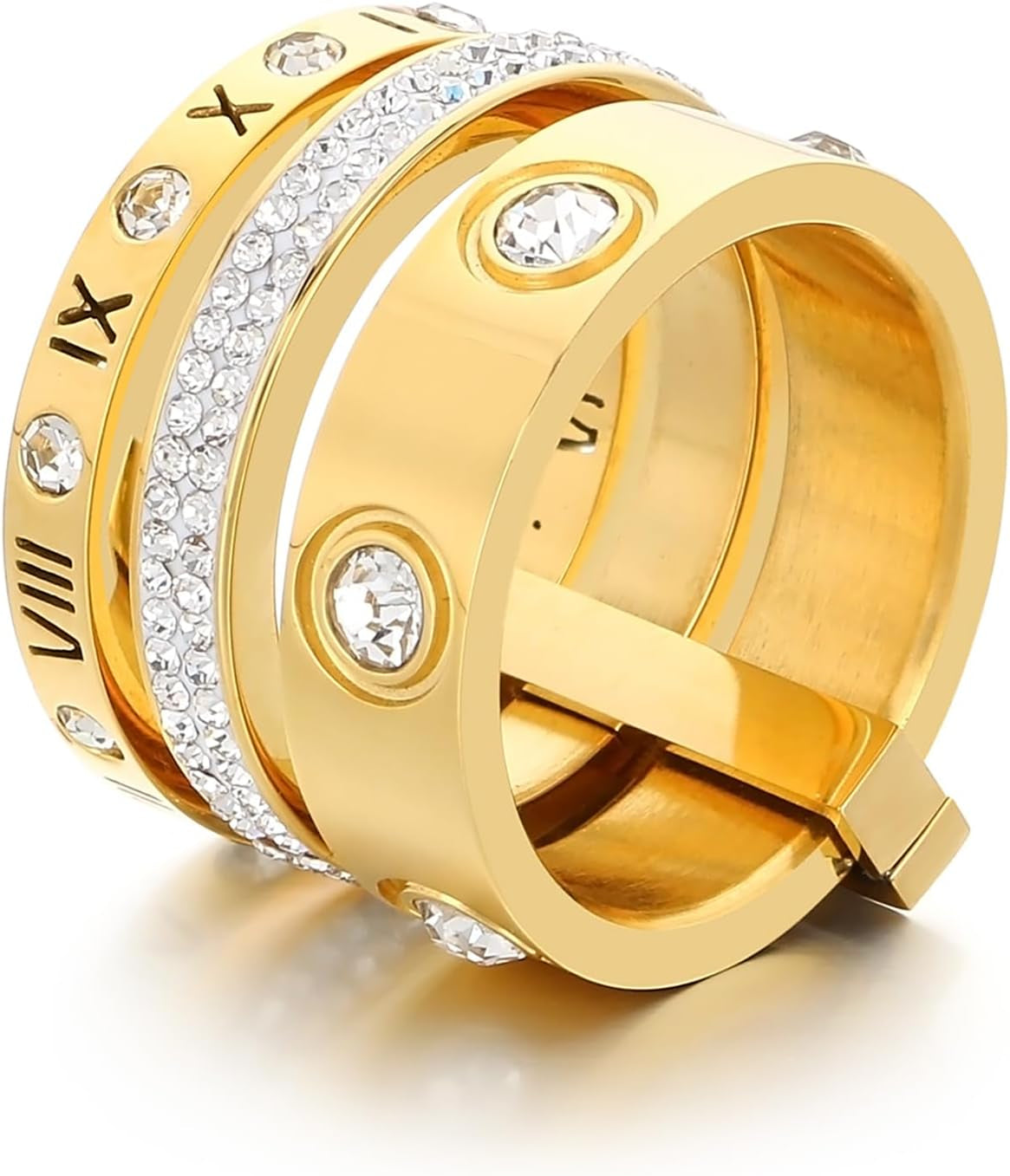 Woman wearing complete gold cubic zirconia stacking ring collection