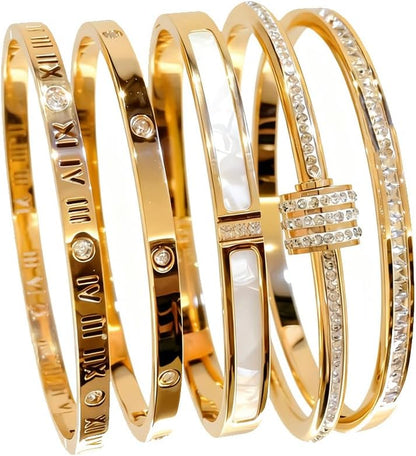 5-Piece Elegant Stainless Steel Bracelet Set, Fashionable Classic Design, Gold Bead Bracelets for Men and Women, Non Tarnish Bangle, Elegant Bracelet Set for Everyday and Formal Wear