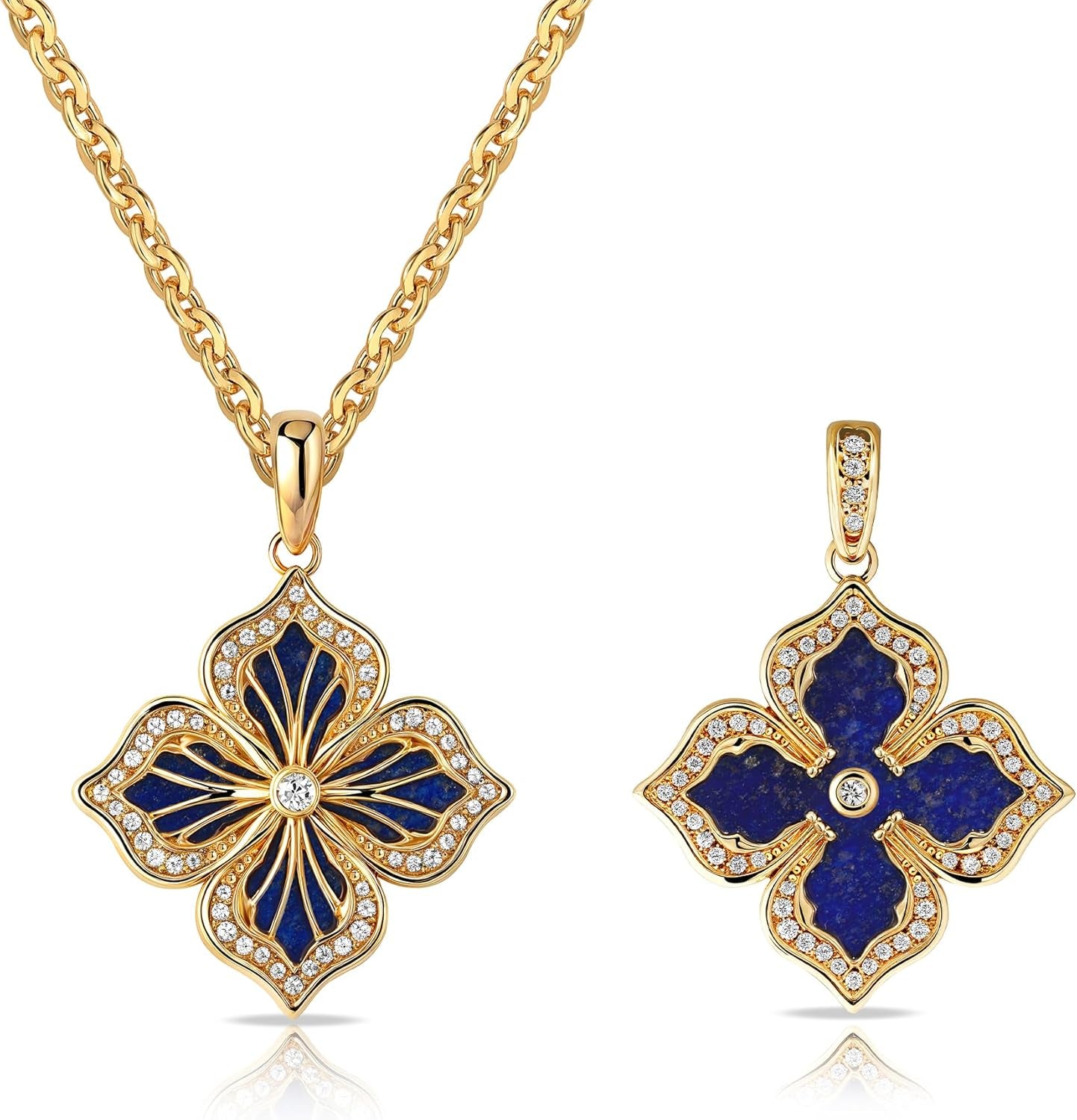 MEVECCO Gold Four Leaf Clover Necklace for Women 14K Gold Plated Clover Pendant Necklace Double Side with Diamond Vintage Filigree Flower Necklace Gift