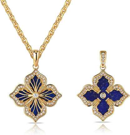 MEVECCO Gold Four Leaf Clover Necklace for Women 14K Gold Plated Clover Pendant Necklace Double Side with Diamond Vintage Filigree Flower Necklace Gift