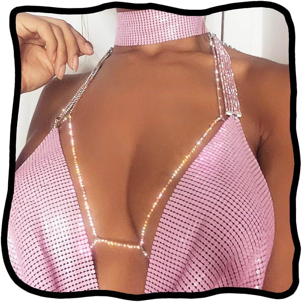 Woeoe Rhinestone Chain Bra Crystal Body Chains for Women Necklace Sexy Bikini Nightclub Body Chain Jewelry