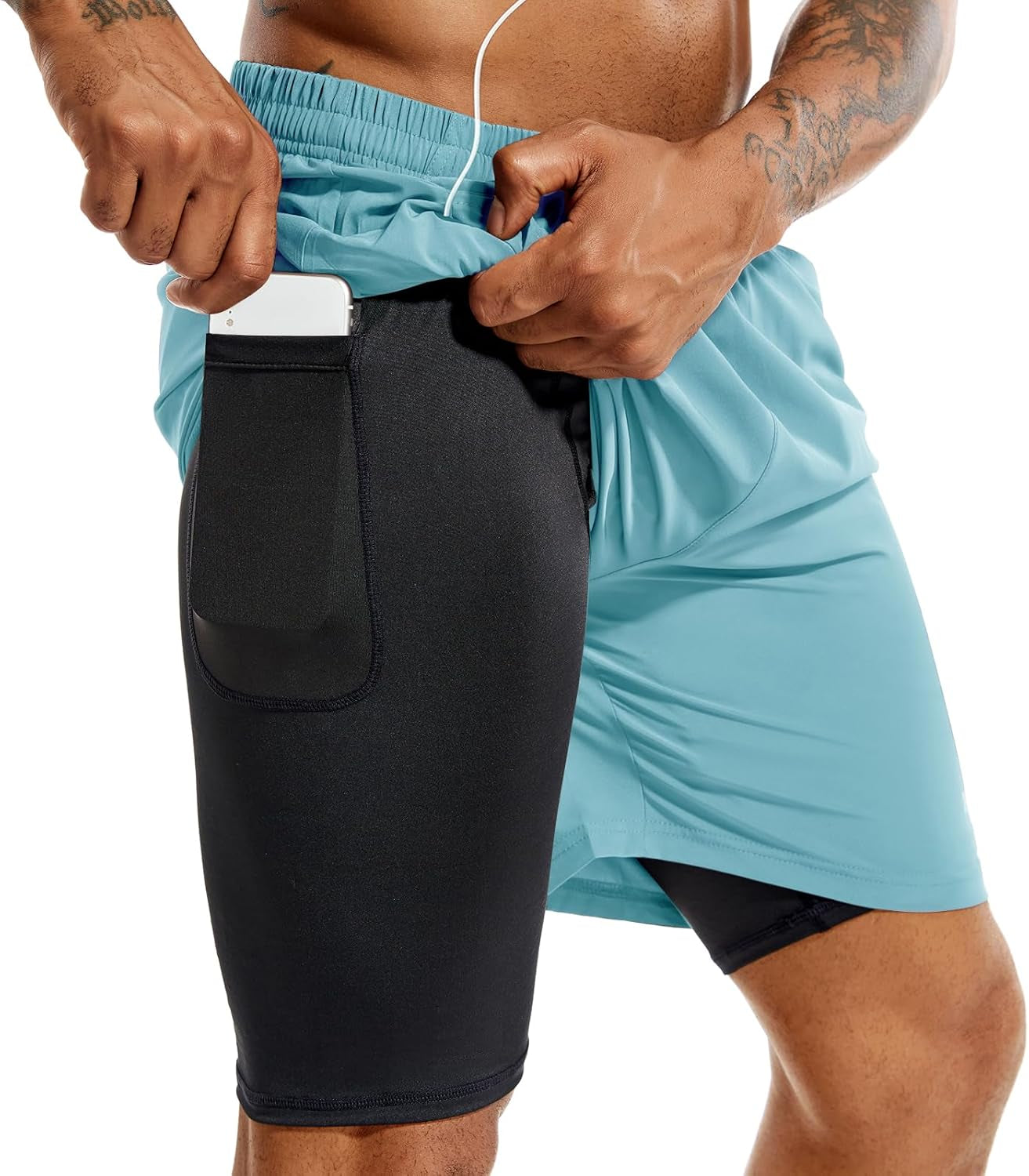TENJOY Men'S 2 in 1 Running Shorts 5 in or 7 in Quick Dry Gym Athletic Workout Shorts for Men with Phone Pockets