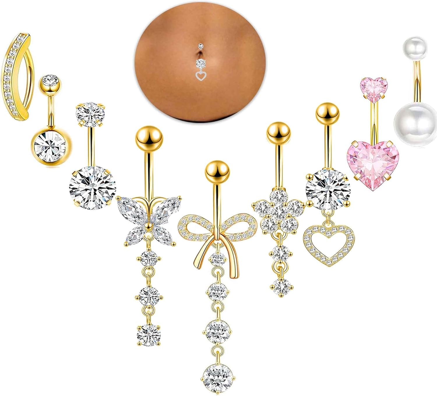 Suotarn 14G Belly Button Ring Dangle Belly Rings Surgical Stainless Steel Cute Bow Butterfly Heart Flower Dangling Belly Button Piercing Jewelry for Women Silver Dainty Dangly Navel Ring