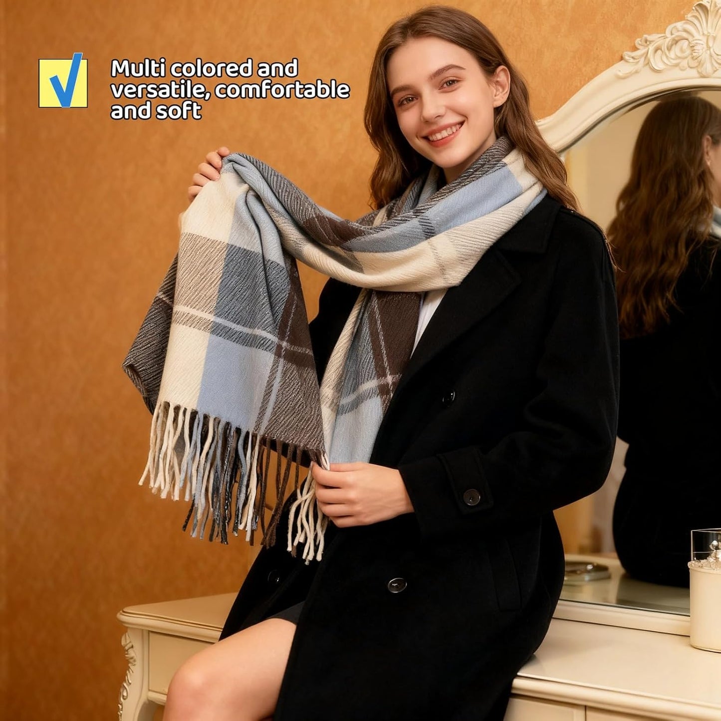 Plaid Winter Scarf for Women, 74X20 Inches, Soft Acrylic-Cotton Blend, Classic Design