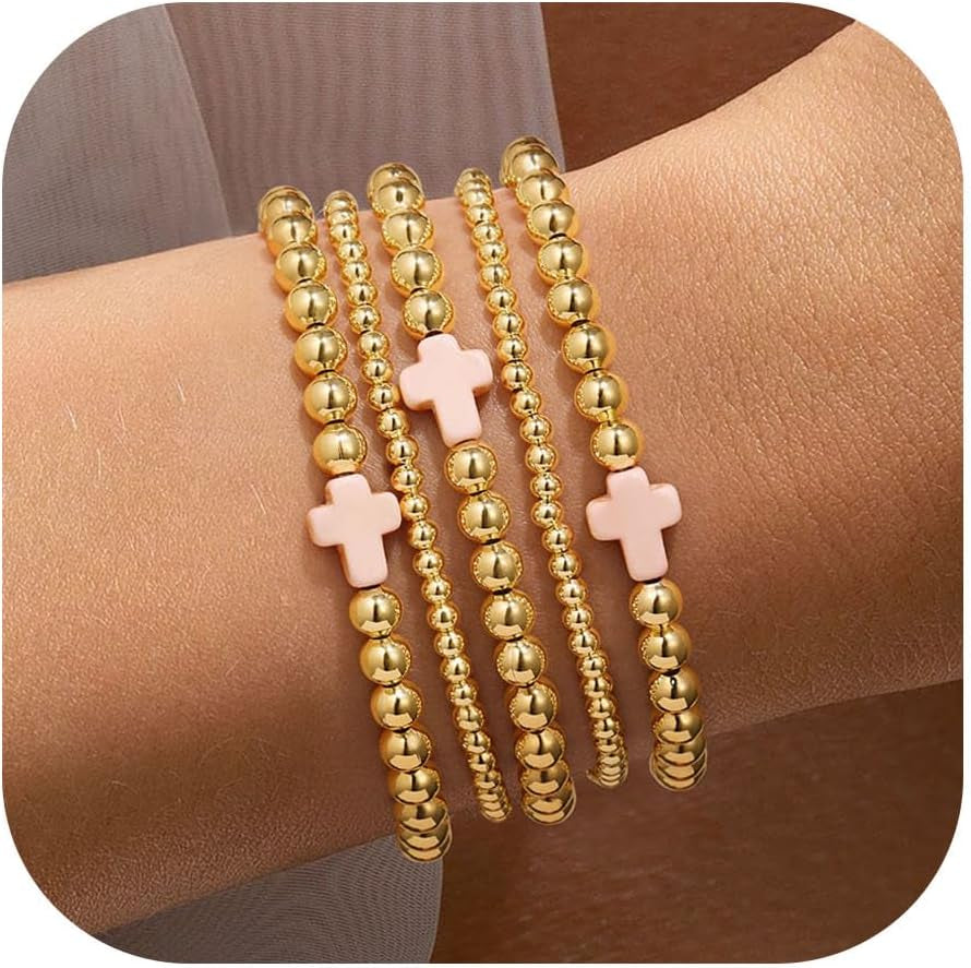 Yoosteel Gold Beaded Bracelets Set for Women Teen Girl Gifts Non Tarnish - 14K Gold Plated Dainty round Bead Ball Pearl Cross Bracelet Stack for Women Teenage Girls Stackable Jewelry Christmas Gifts
