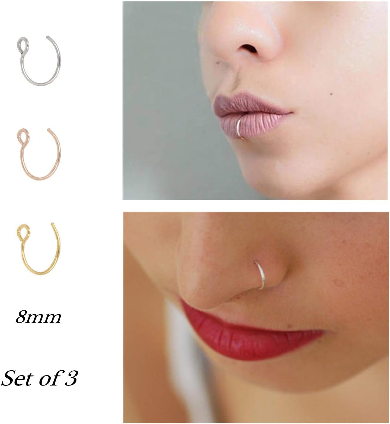 Fake Nose Ring Hoop Nose Rings Set Nose Piercing Lip Nose Rings Jewelry for Women Men Girl