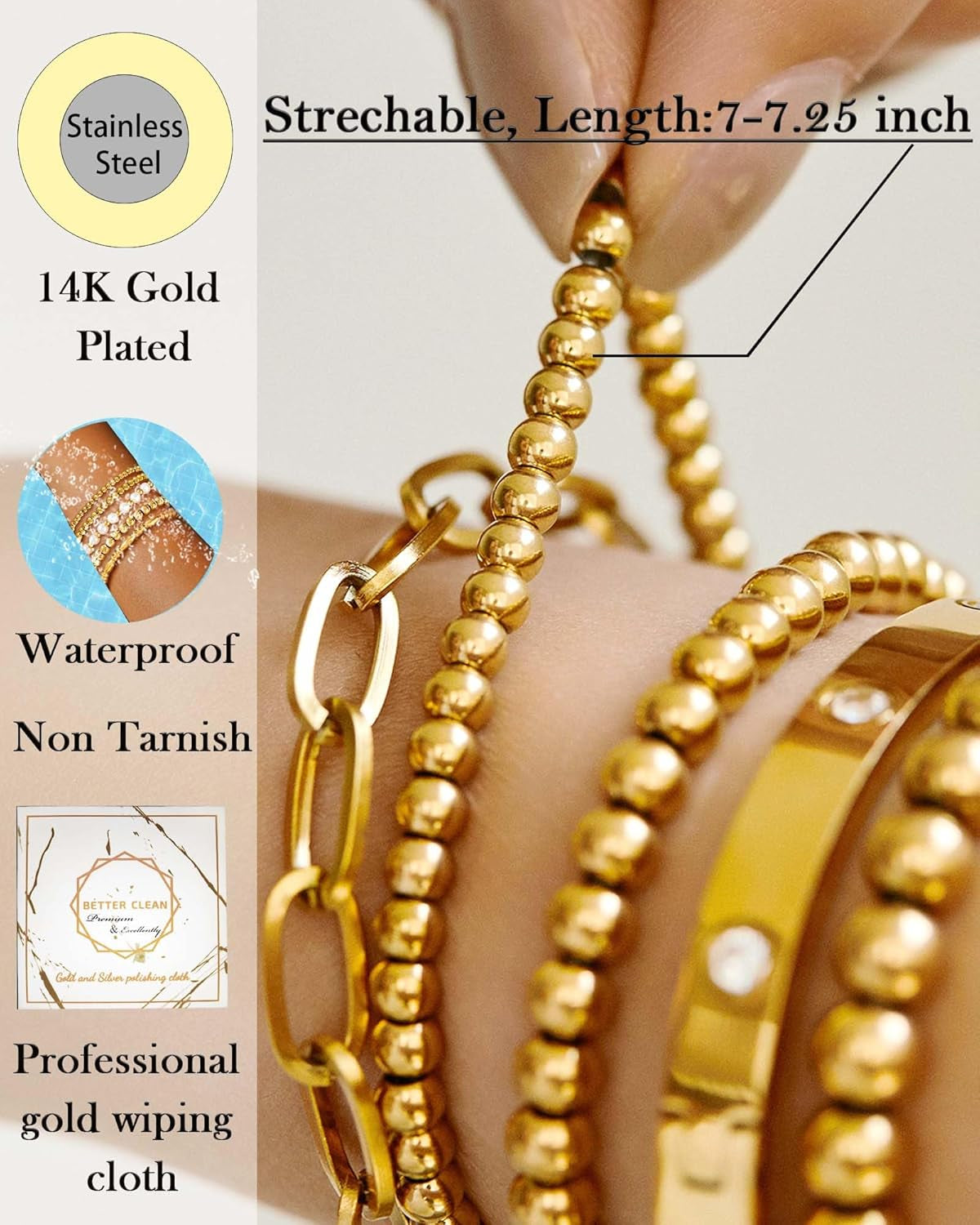 Close-up of gold plated bead ball chain layered bracelet detail