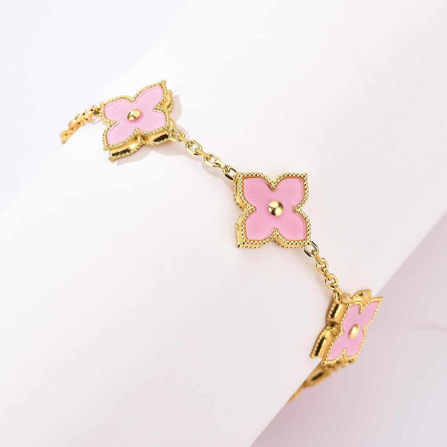14K Gold Plated Clover Bracelet Dupes Stainless Steel Natural Shells Link Bracelet Jewelry