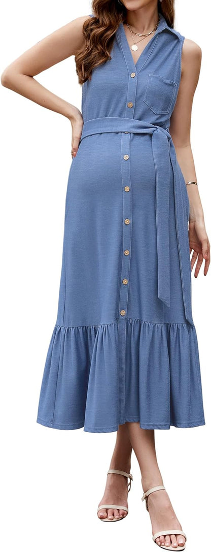 OUGES Womens 2025 Spring Maternity Dress Polo V Neck Sleeveless Ruffle Button Pregnancy Casual Work Dress with Pockets