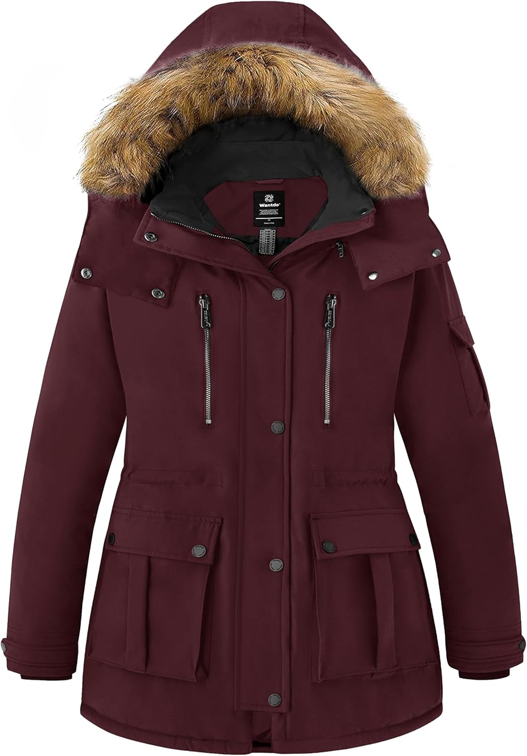 Winter jacket product flat lay displaying color and dimensions
