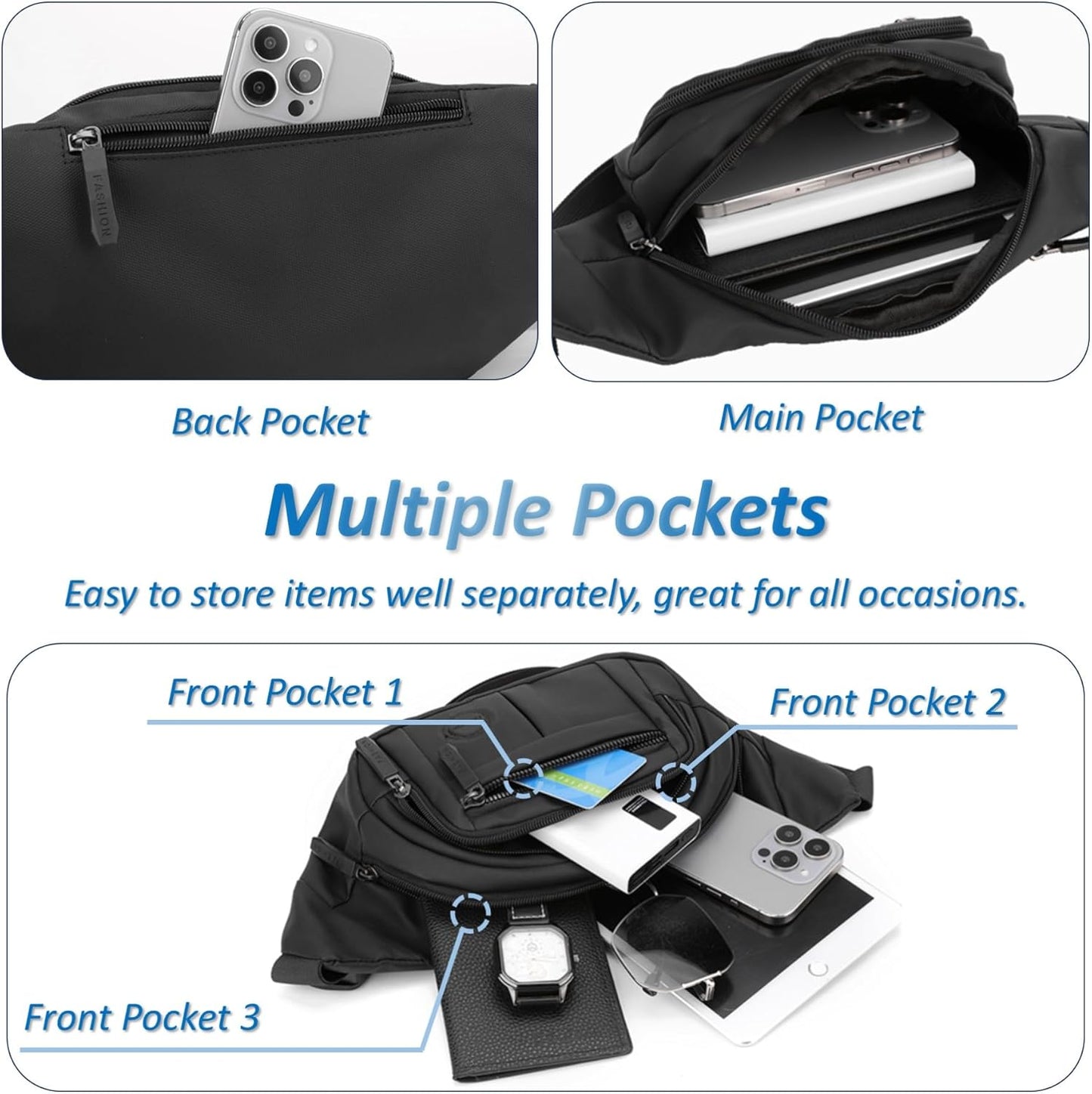 Large fanny pack with adjustable shoulder strap extended for sizing