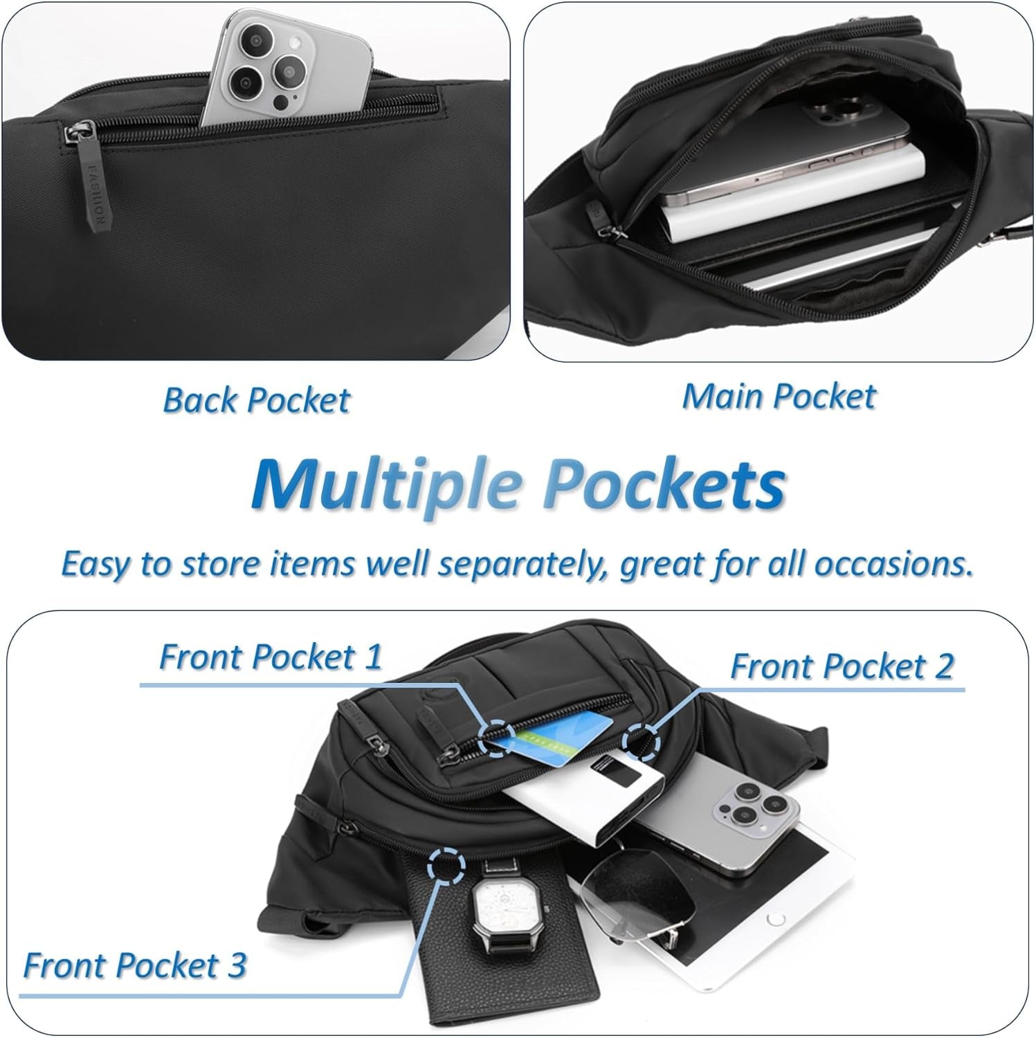 Large fanny pack with adjustable shoulder strap extended for sizing