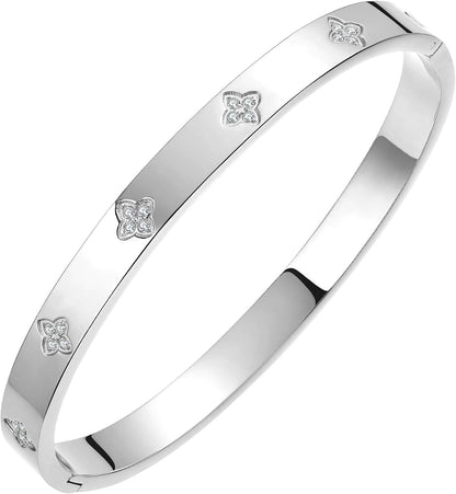 Gold Plated Bangle Bracelets for Women Four Leaf Clover Lucky Love Cubic Zirconia Bracelet