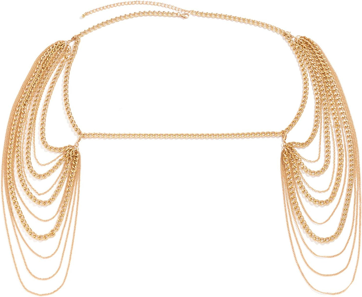 Summer Beach Punk Shoulder Body Chain Multi-Layered Back Chain Bikini Metal Tassel Arm Chain Statement Bridal Wedding Backdrop Necklace Body Chain Jewelry for Women