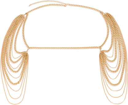 Summer Beach Punk Shoulder Body Chain Multi-Layered Back Chain Bikini Metal Tassel Arm Chain Statement Bridal Wedding Backdrop Necklace Body Chain Jewelry for Women