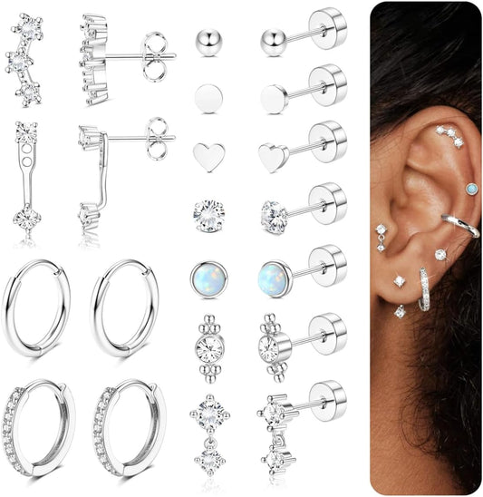 LOYALLOOK Hypoallergenic Flat Back Earrings for Women Trendy 20G Surgical Stainless Steel Earrings 14K Gold Plated Cartilage Earring Stacks Small Flatback Stud Earring Sets for Multiple Piercing