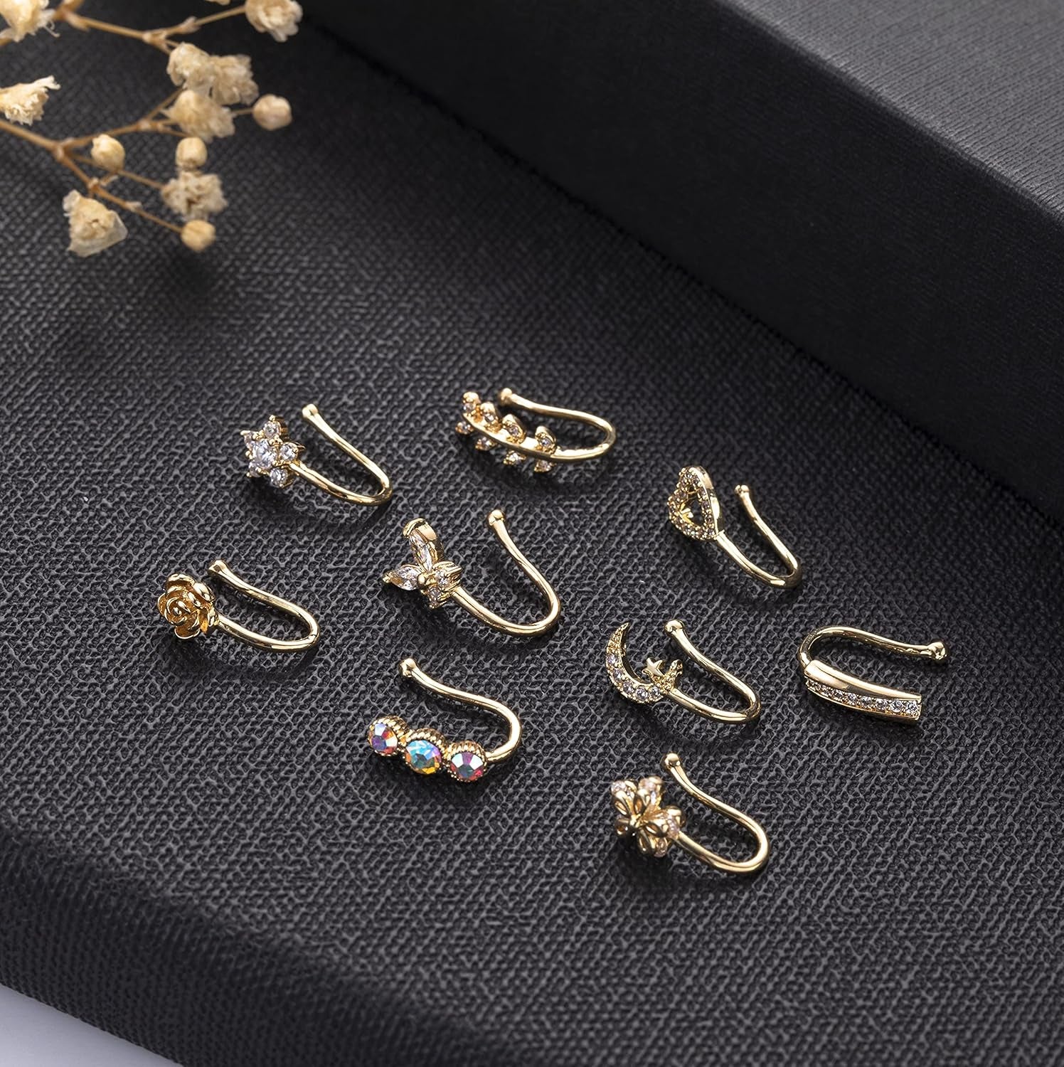 9Pcs Fake Nose Rings Hoop for Women Faux Cartilage Tragus Ring Nose Cuff Non Piercing Jewelry Set
