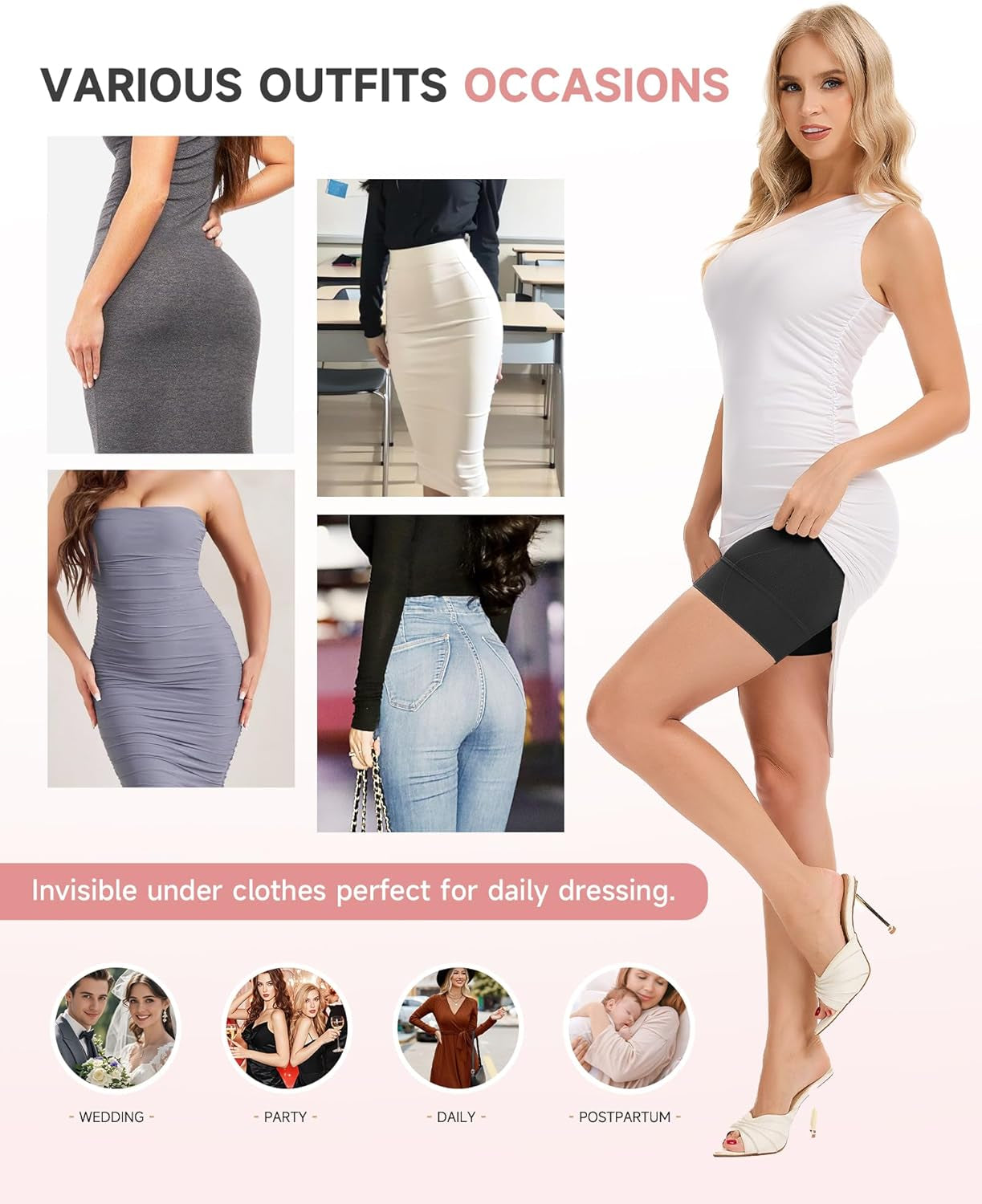 Shapewear shorts front and back view demonstrating smoothing effect