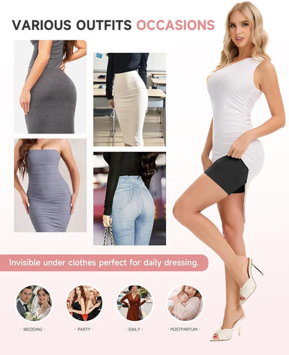 Shapewear shorts front and back view demonstrating smoothing effect