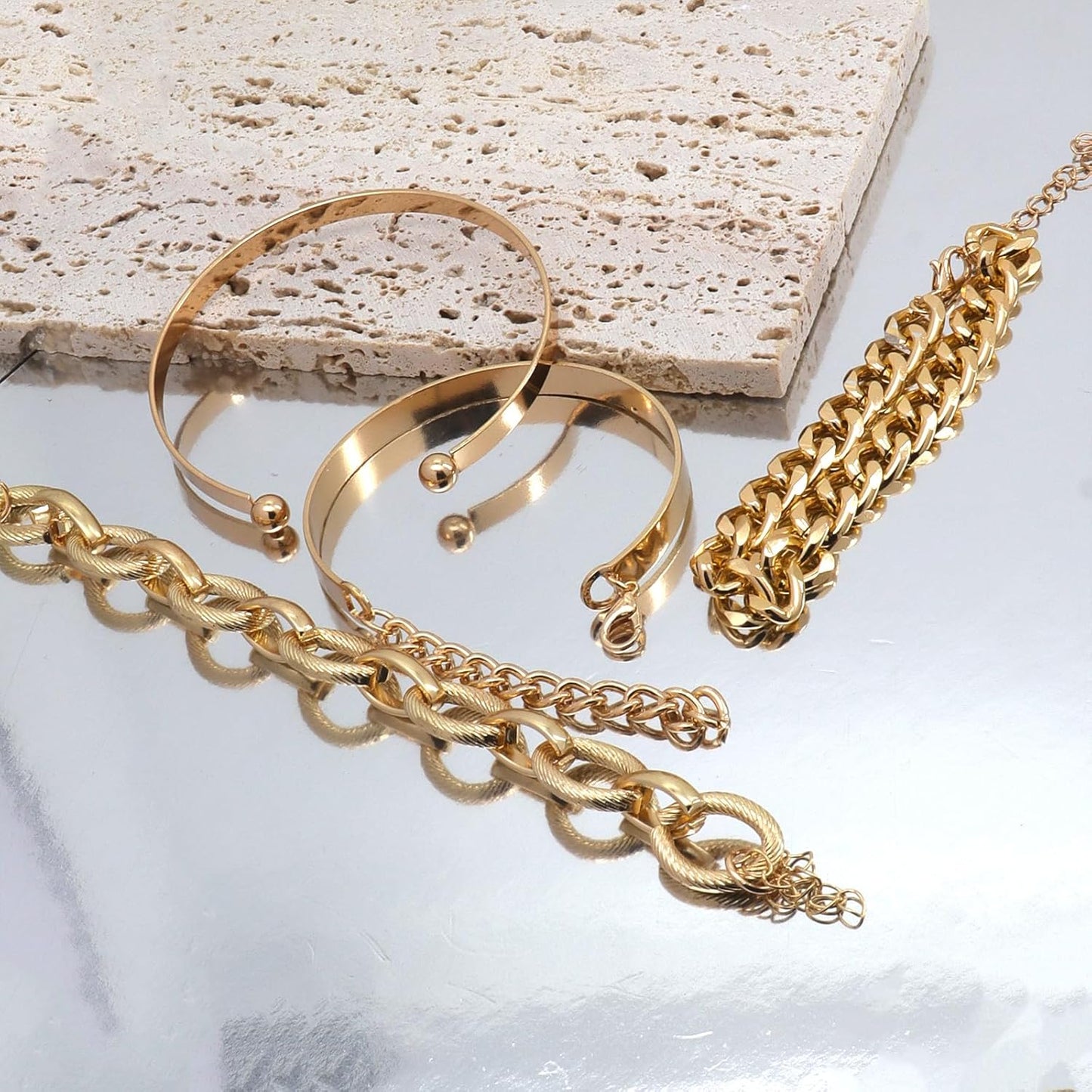 Chunky Gold Bracelets for Women Boho Stackable Bangle Cuff Bracelet Set Layered Link Chain Bracelet Adjustable Butterfly Pearl CZ Tennis Statement Bracelets Dainty Jewelry