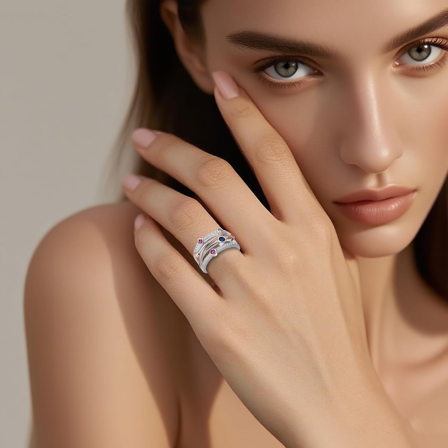 White Gold Plated Geometric Lines Two Color Cubic Zirconia Boho Style Statement Ring Personalized Accessory Ideal for Women'S Daily Casual Wear Party Holiday Anniversary Love Jewelry Gift