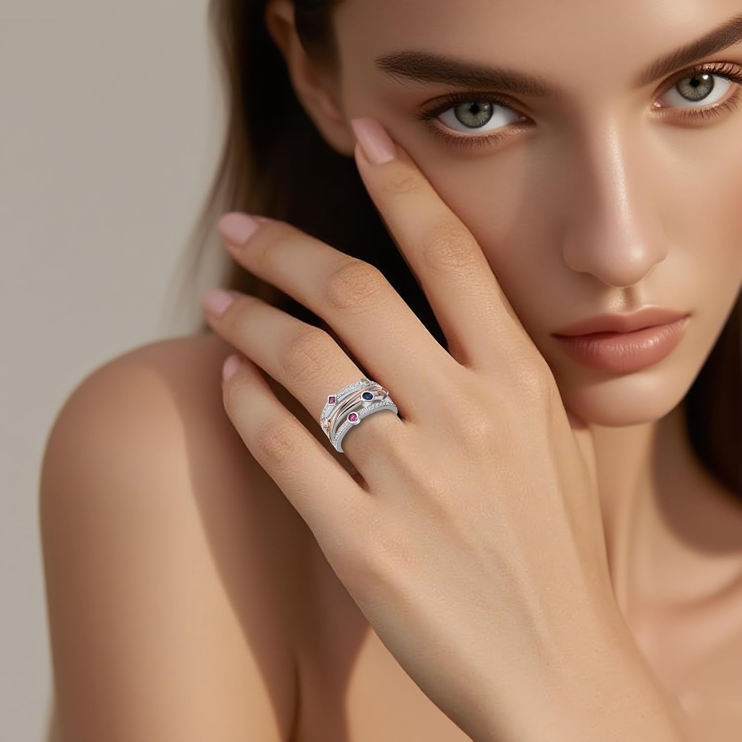 White Gold Plated Geometric Lines Two Color Cubic Zirconia Boho Style Statement Ring Personalized Accessory Ideal for Women'S Daily Casual Wear Party Holiday Anniversary Love Jewelry Gift