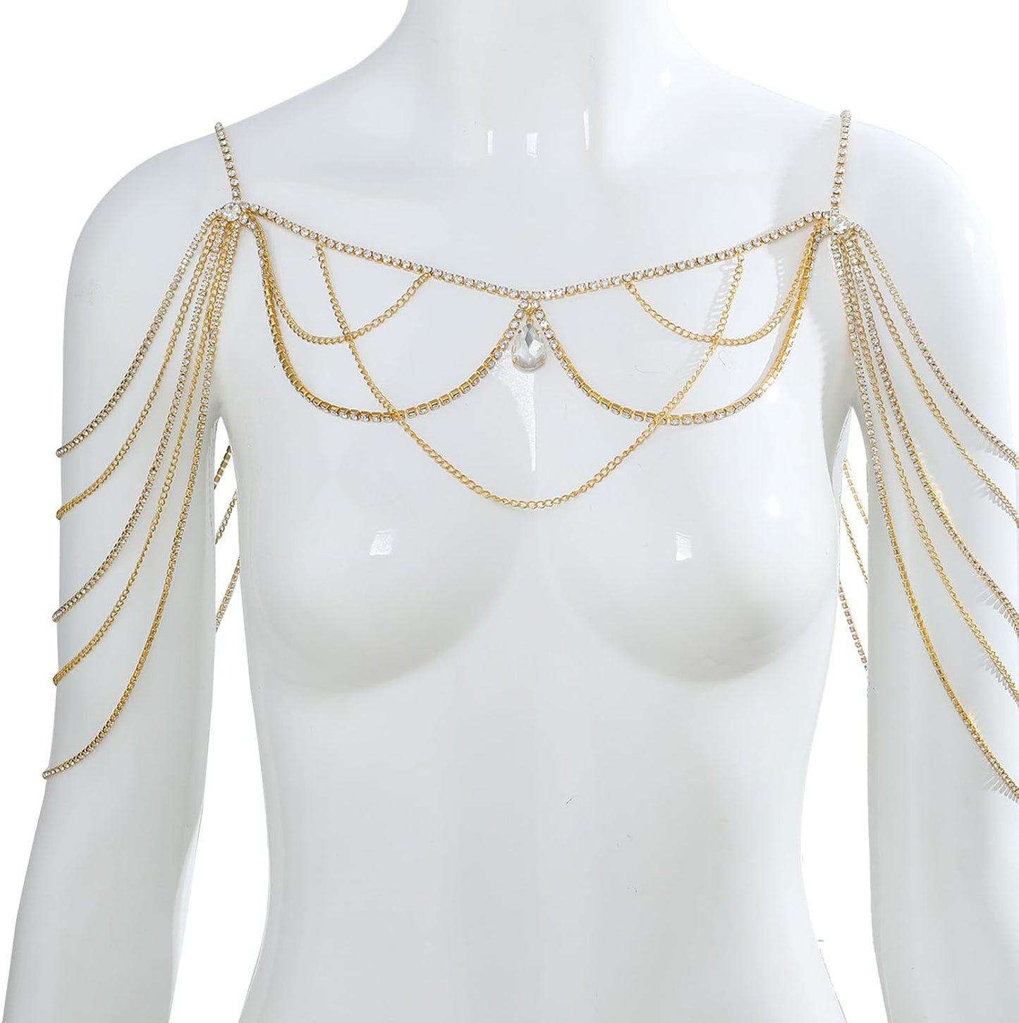 Multilayer Waterdrop Pendant Rhinestone Shoulder Chain Jewelry Bridal Wedding Backdrop Chain Crystal Tassel Shoulder Chain Necklace Rave Shoulder Arm Body Chain Jewelry for Women (Gold)