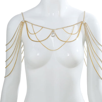 Multilayer Waterdrop Pendant Rhinestone Shoulder Chain Jewelry Bridal Wedding Backdrop Chain Crystal Tassel Shoulder Chain Necklace Rave Shoulder Arm Body Chain Jewelry for Women (Gold)