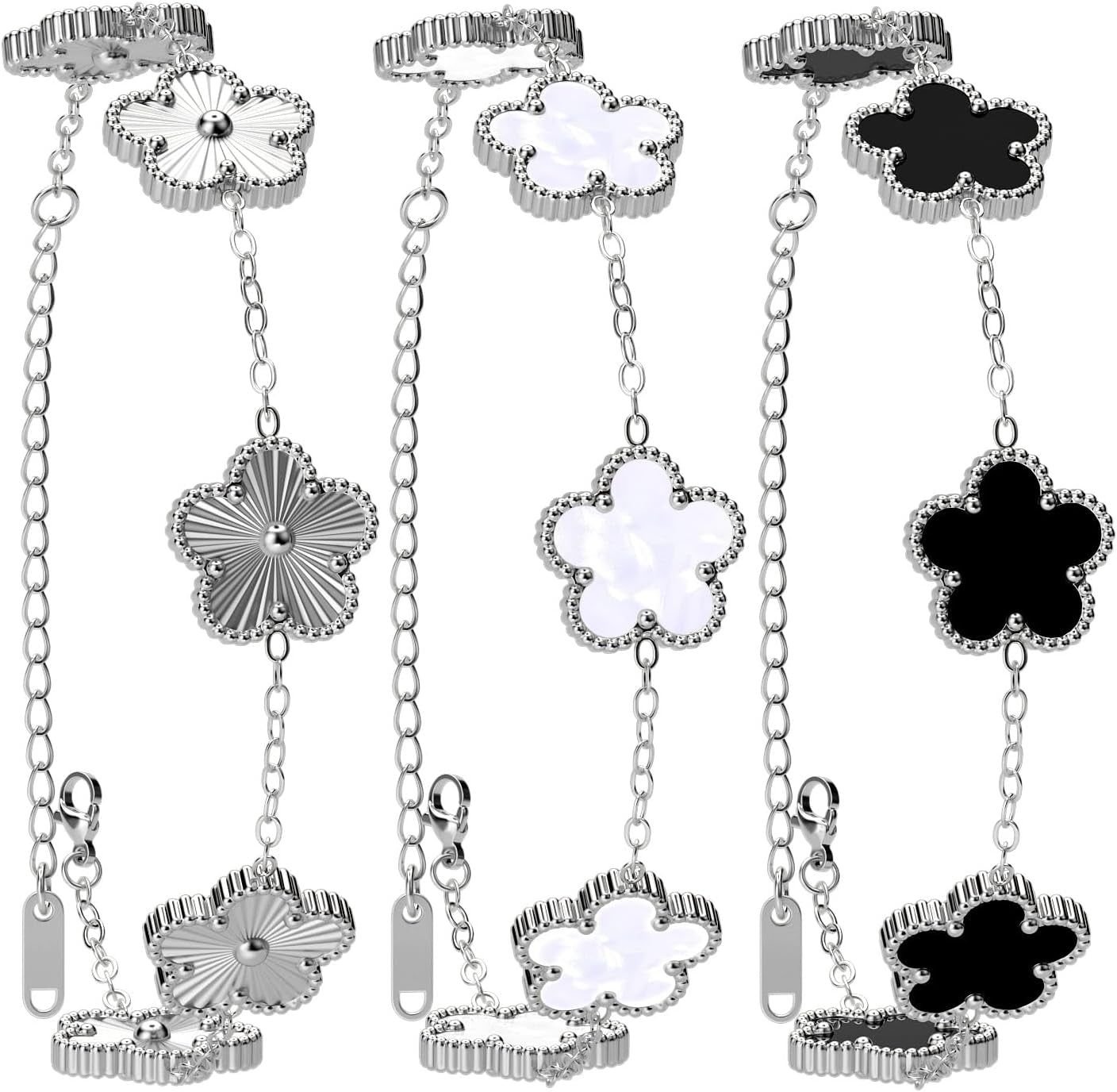 Aicase 18K Gold Plated Clover Bracelet Dupes White/Black/Silver Bracelet Set for Women Flower Leaf Lucky Clover Bracelets Trendy Jewelry Birthday Gifts for Women/Mom/Daughter/Nana/Besties/Friends