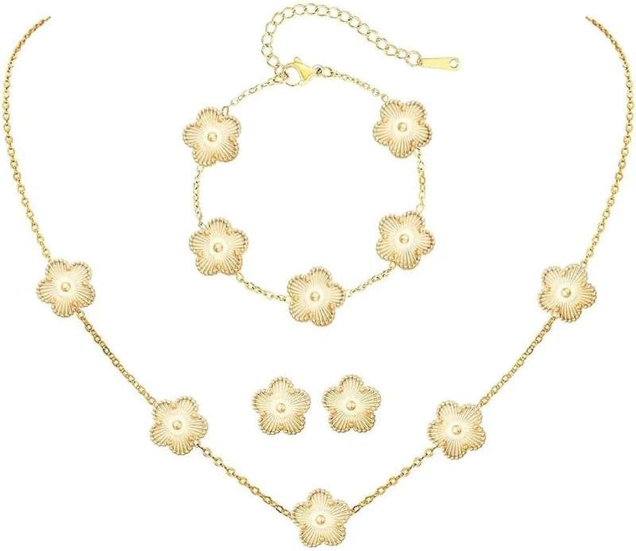 Lucky Clover Necklace Jewelry Sets,18K Gold Plated Flower Design Five Leaf Bracelet,Clover Necklace Pendant,Clover Earrings for Women Lucky, 4 Leaf Clover Necklace