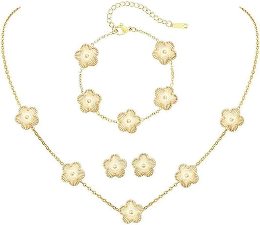 Lucky Clover Necklace Jewelry Sets,18K Gold Plated Flower Design Five Leaf Bracelet,Clover Necklace Pendant,Clover Earrings for Women Lucky, 4 Leaf Clover Necklace