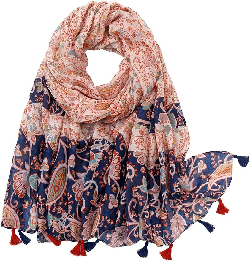 Yeieeo Boho Scarf for Women Lightweight Floral Printed Scarf Fall Winter Fashion Fringed Shawl
