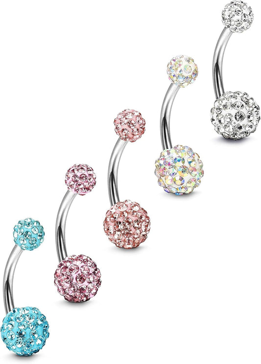FIBO STEEL 5 Pcs 14G Stainless Steel Belly Button Rings Navel Barbell Body Jewelry Piercing