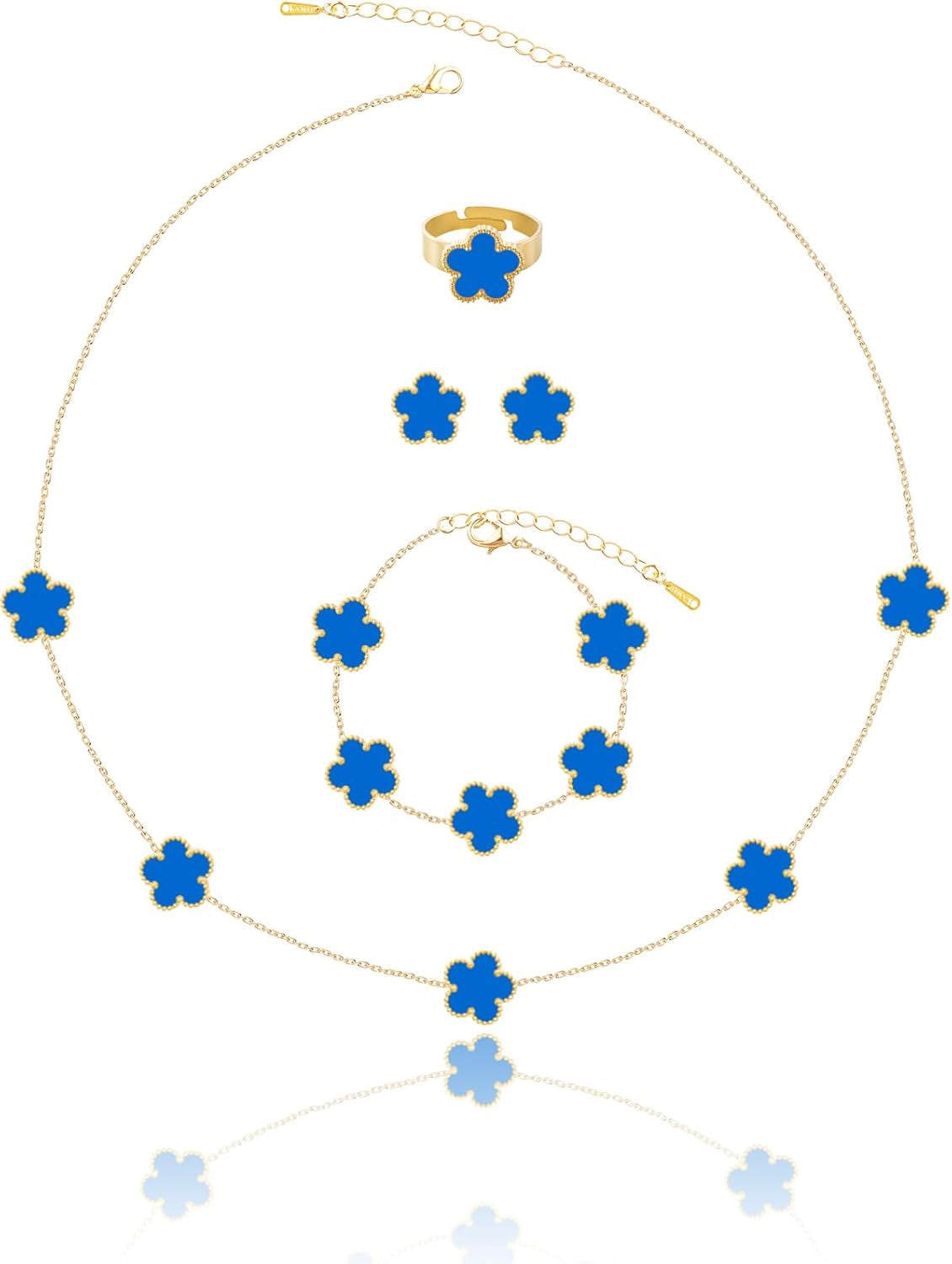 Gold Plated Five Leaf Clover Necklace Bracelet Rings and Stud Earrings Set for Women Lucky Flower Jewelry