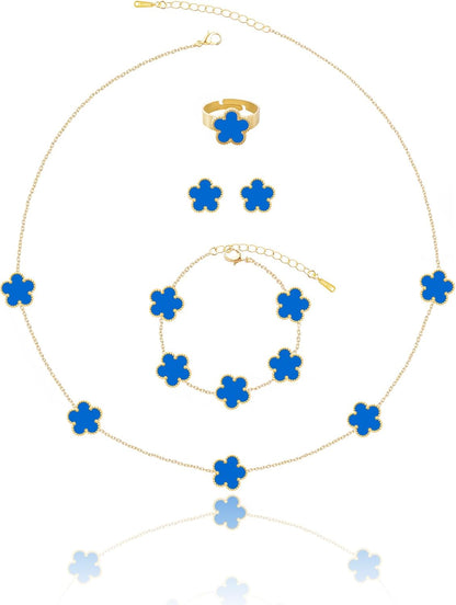 Gold Plated Five Leaf Clover Necklace Bracelet Rings and Stud Earrings Set for Women Lucky Flower Jewelry