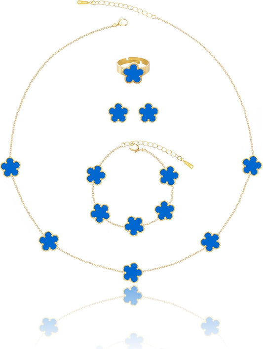 Gold Plated Five Leaf Clover Necklace Bracelet Rings and Stud Earrings Set for Women Lucky Flower Jewelry