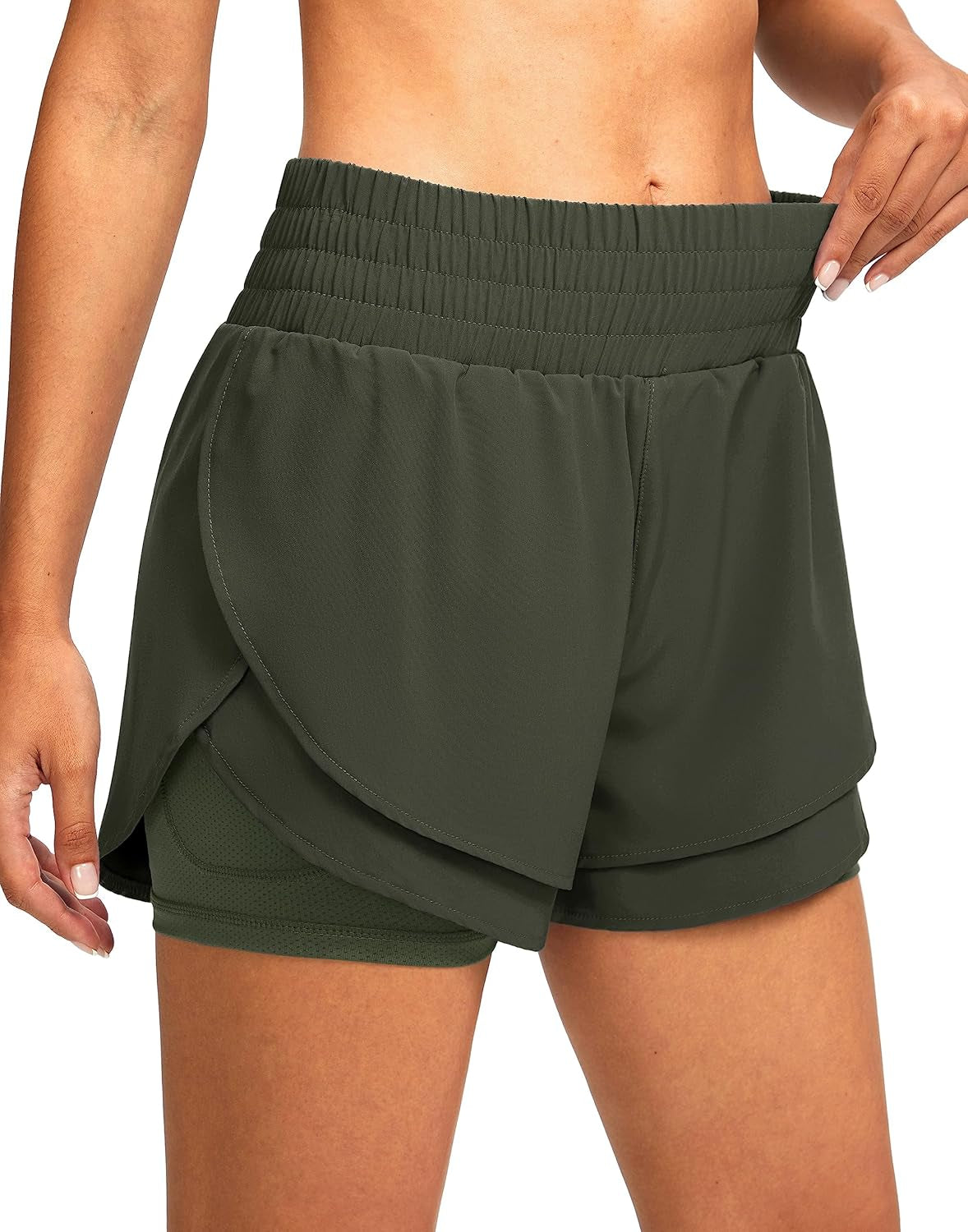Soothfeel Women'S 2 in 1 Running Shorts High Waisted Athletic Shorts Exercise Gym Workout Shorts for Women with Pockets