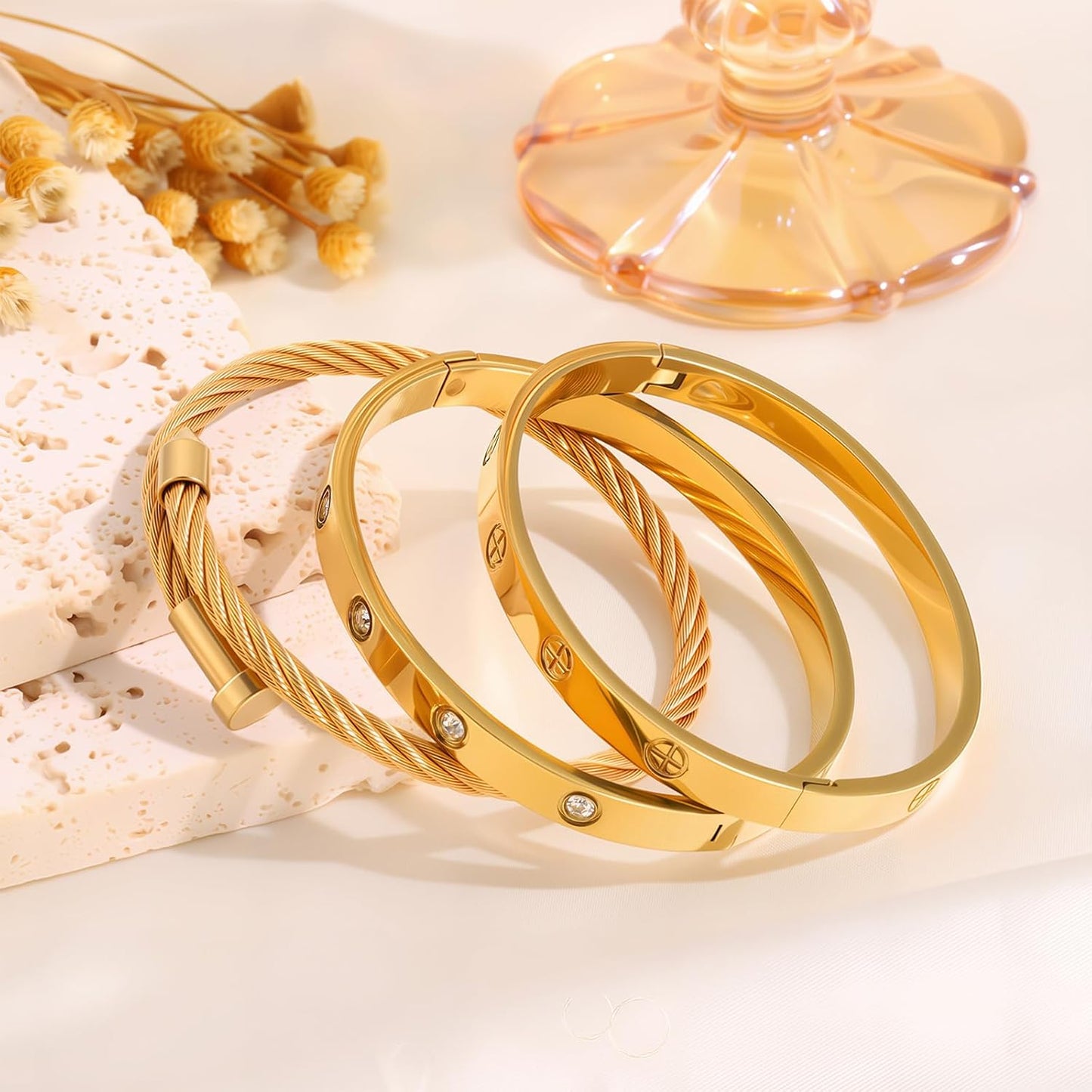 Gold Bracelets for Women - Stackable Bangles with Love & Friendship Theme - Stainless Steel Jewelry Gift for Her