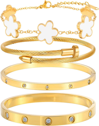 18K Gold Bracelets for Women - Stackable Clover & Nail Love Bangle Set - Non-Tarnish Stainless Steel Jewelry Gift for Valentine'S, Mother'S Day & Christmas