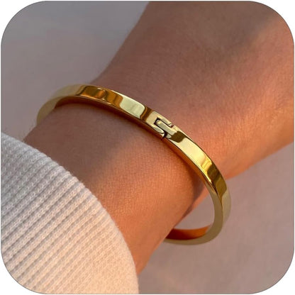 Gold Bangle Bracelets for Women, Trendy Dainty 14K Gold Plated Oval Bangles Stocking Stuffers for Women, Stackable Friendship Bracelets Love Bangle Christmas Birthday Gifts