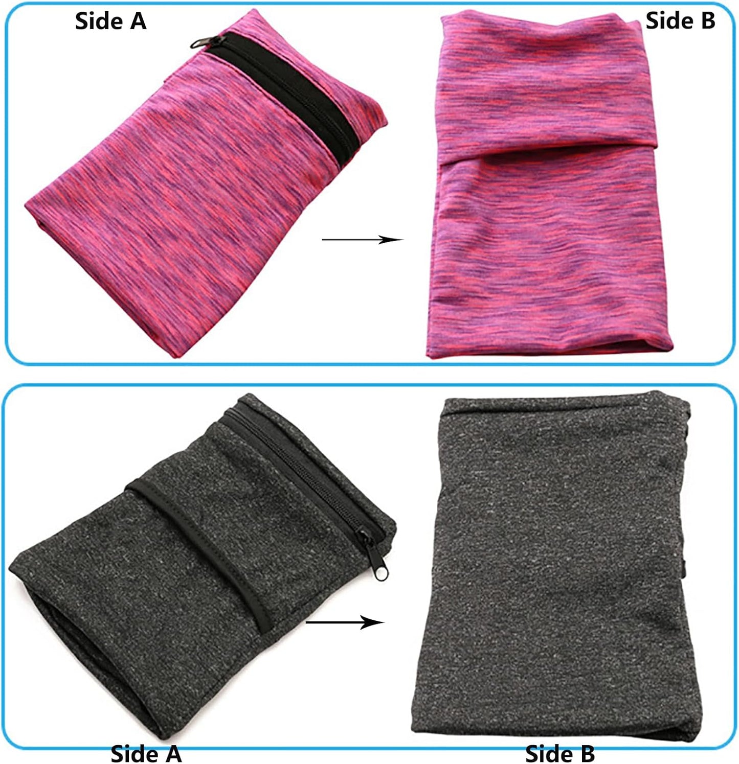 Close-up of elastic body-fitting wrist wallet showing zippered phone pocket design