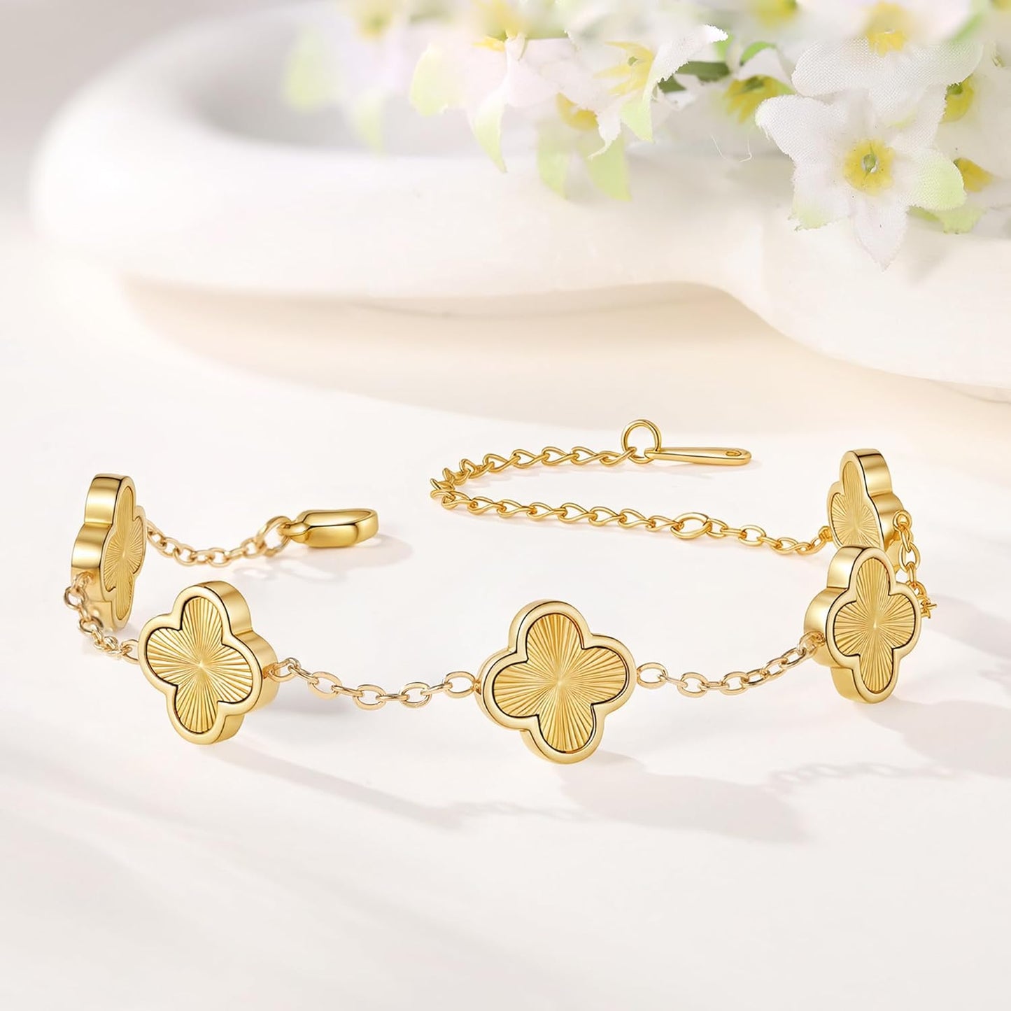 (Sturdy Version) 18K Gold Plated Bracelets for Women Men (Double Sided) Four Leaf Clover Cute Trendy Lucky Braclet (Adjustable) Fit Wrist within 8 Inch, Gold White Black Green Blue Red Pink