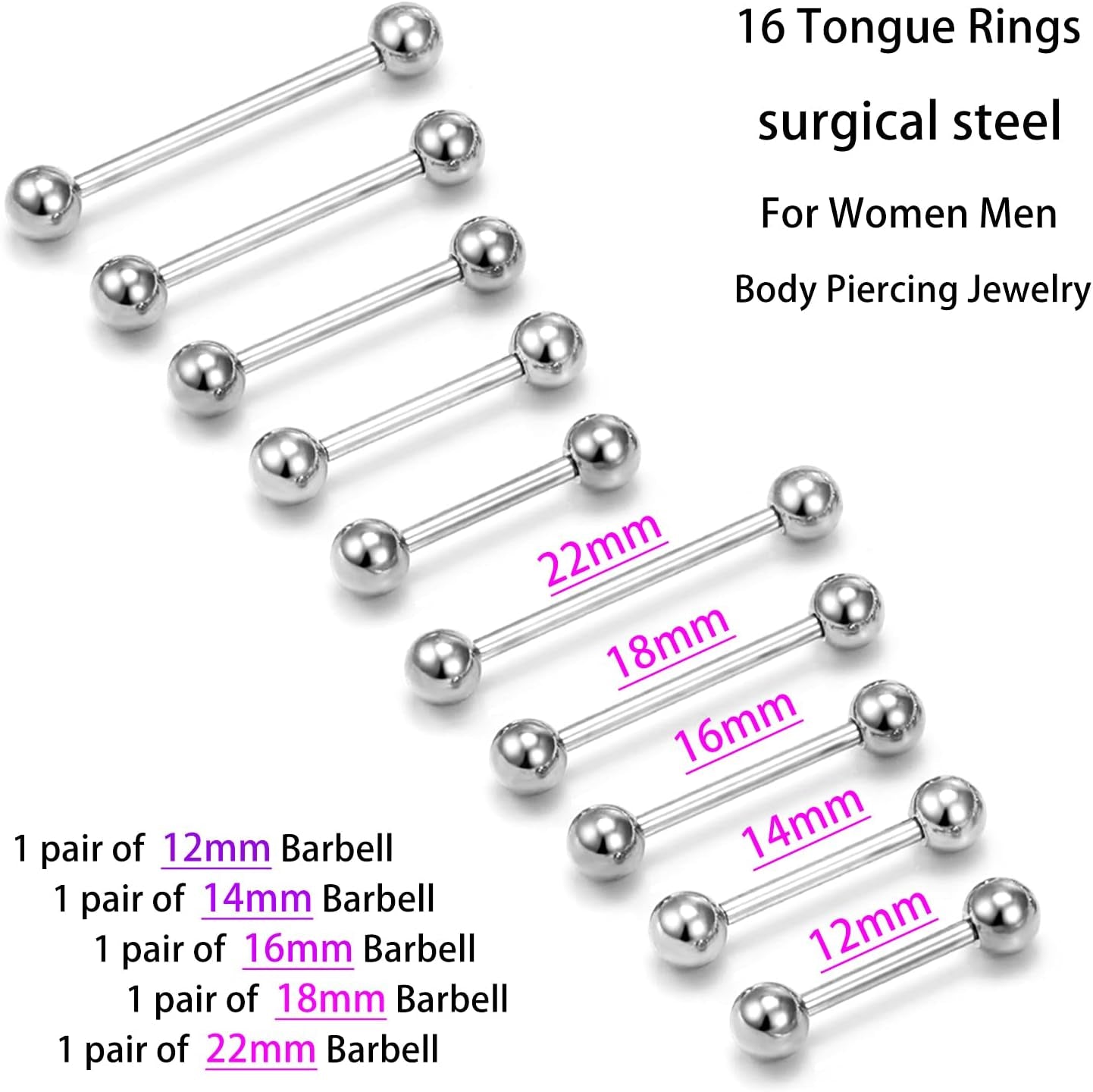Prjndjw 14G Surgical Steel Straight Barbell - Tongue & Nipple Rings for Women & Men - Length 12MM, 14MM, 16MM, 18MM, 22Mm - Piercing Jewelry