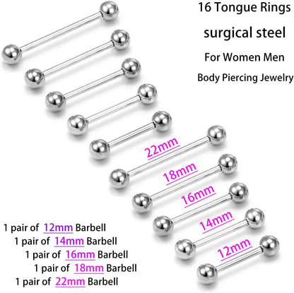 Prjndjw 14G Surgical Steel Straight Barbell - Tongue & Nipple Rings for Women & Men - Length 12MM, 14MM, 16MM, 18MM, 22Mm - Piercing Jewelry
