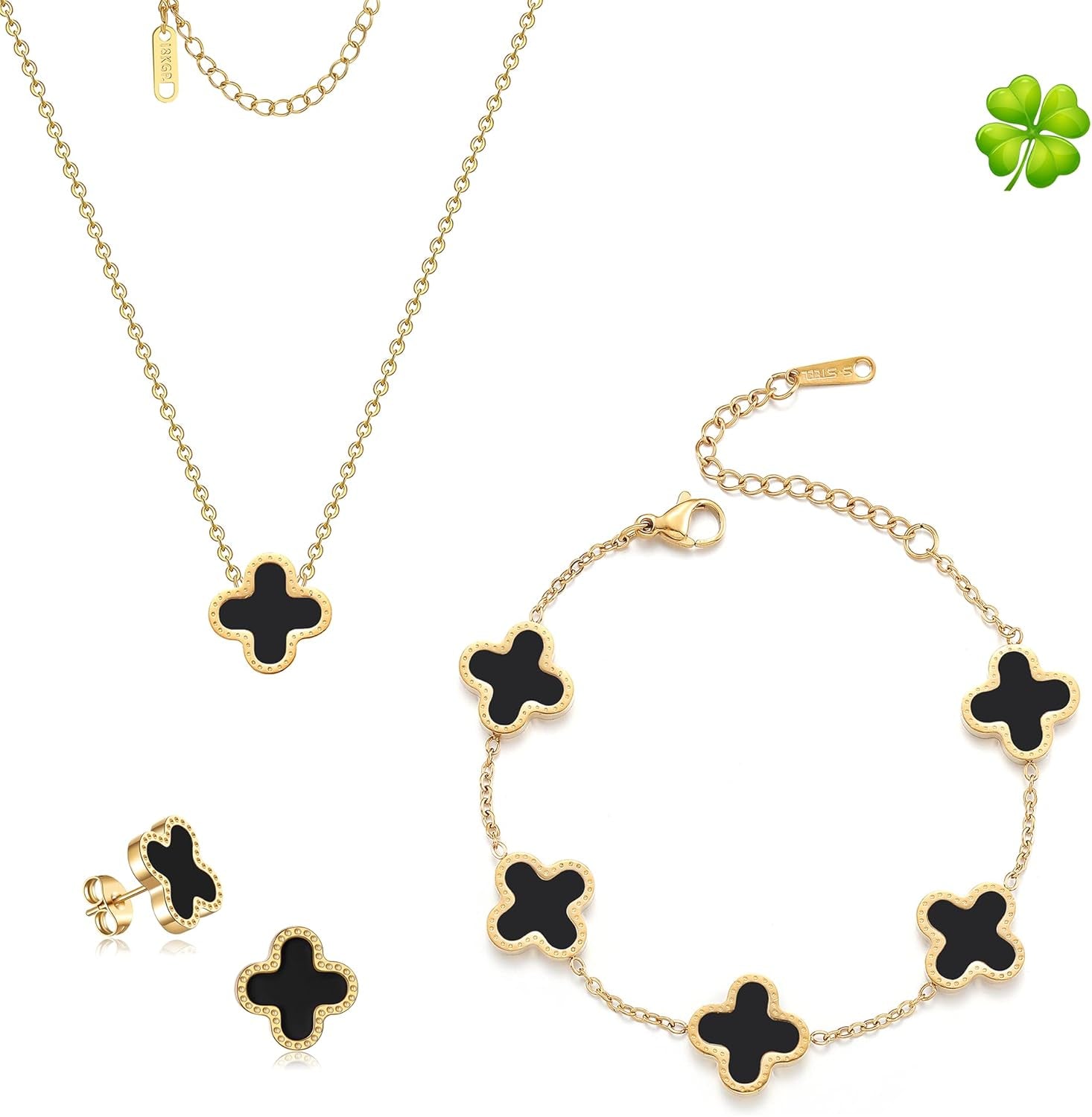 Lucky Clover Sets, 18K Gold Plated Four Leaf Bracelet, Necklace Pendant, Earrings for Women Flower Link Bracelets Set Jewelry Gifts for Women