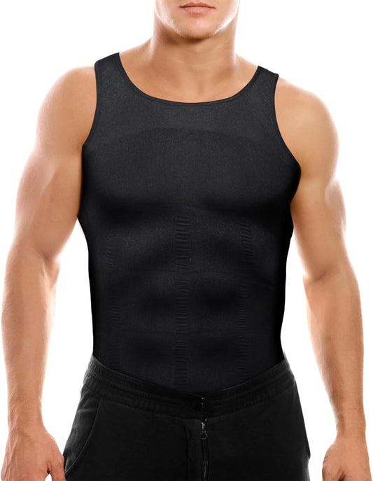 Men's gynecomastia compression vest front view showing slimming body shaper design