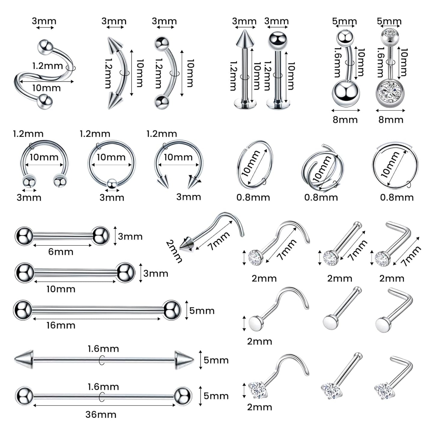 153Pcs Piercing Kit: 12G, 14G, 16G, 20G Needles & 316L Stainless Steel Jewelry for Nose, Belly, Lip, Ear & More