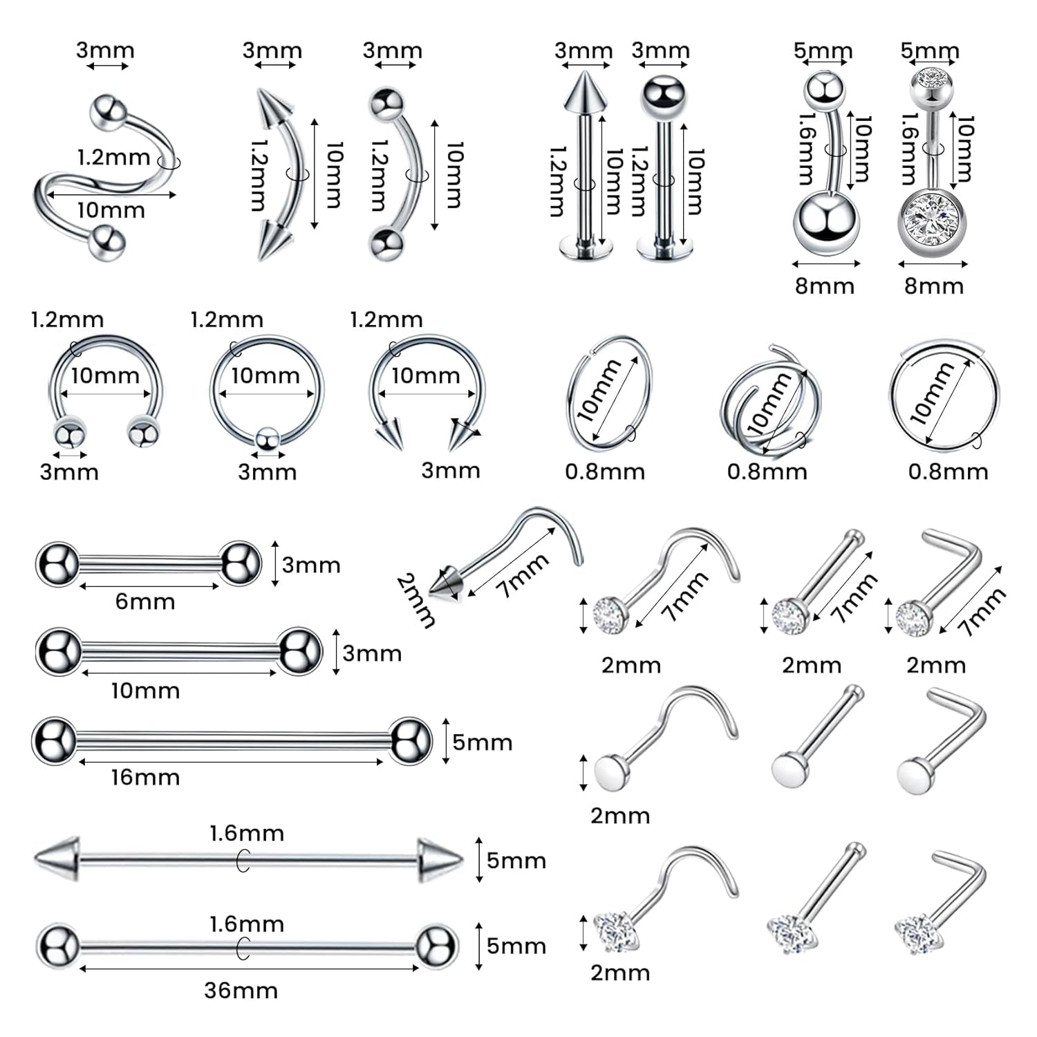 153Pcs Piercing Kit: 12G, 14G, 16G, 20G Needles & 316L Stainless Steel Jewelry for Nose, Belly, Lip, Ear & More