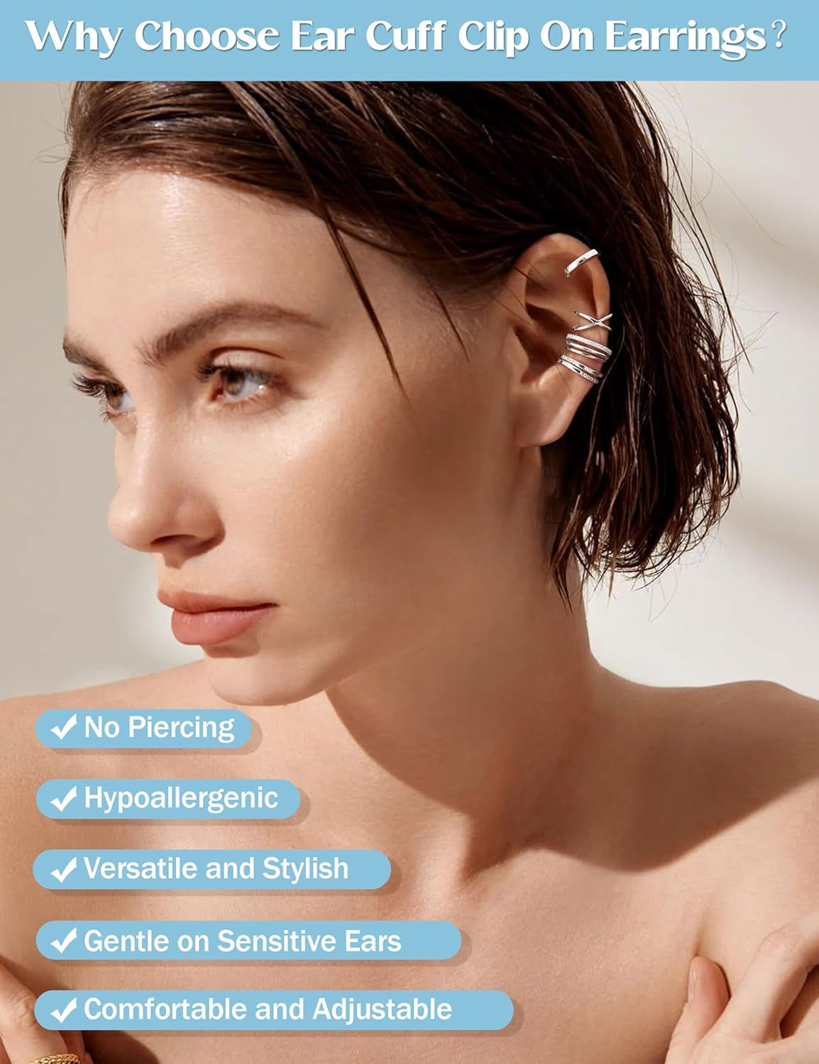 Jerywe 4 Pcs 925 Sterling Silver Ear Cuff for Women Non Piercing Adjustable Ear Cuff Earrings Clip on Cartilage Helix Wrap Ear Jewelry Set